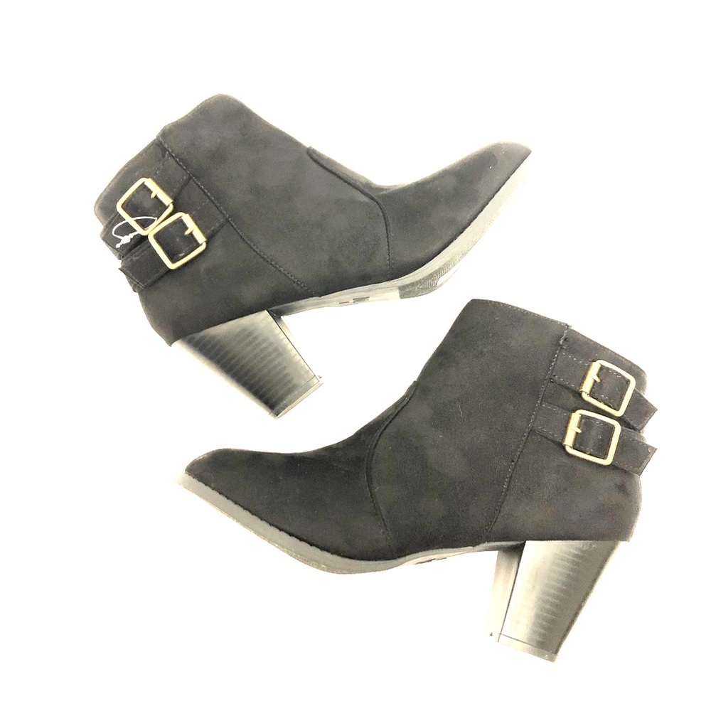Black Vegan Faux Suede Buckled Heeled Booties 10